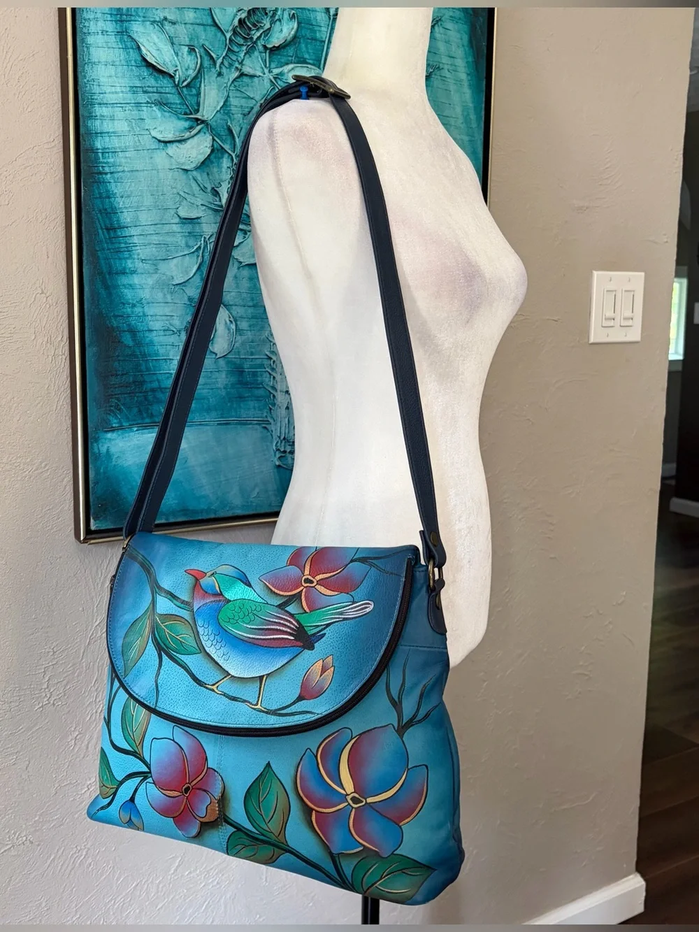 Anna by Anuschka Hand-painted Leather Blue Bird Crossbody Shoulder Bag Large - Picture 3 of 9